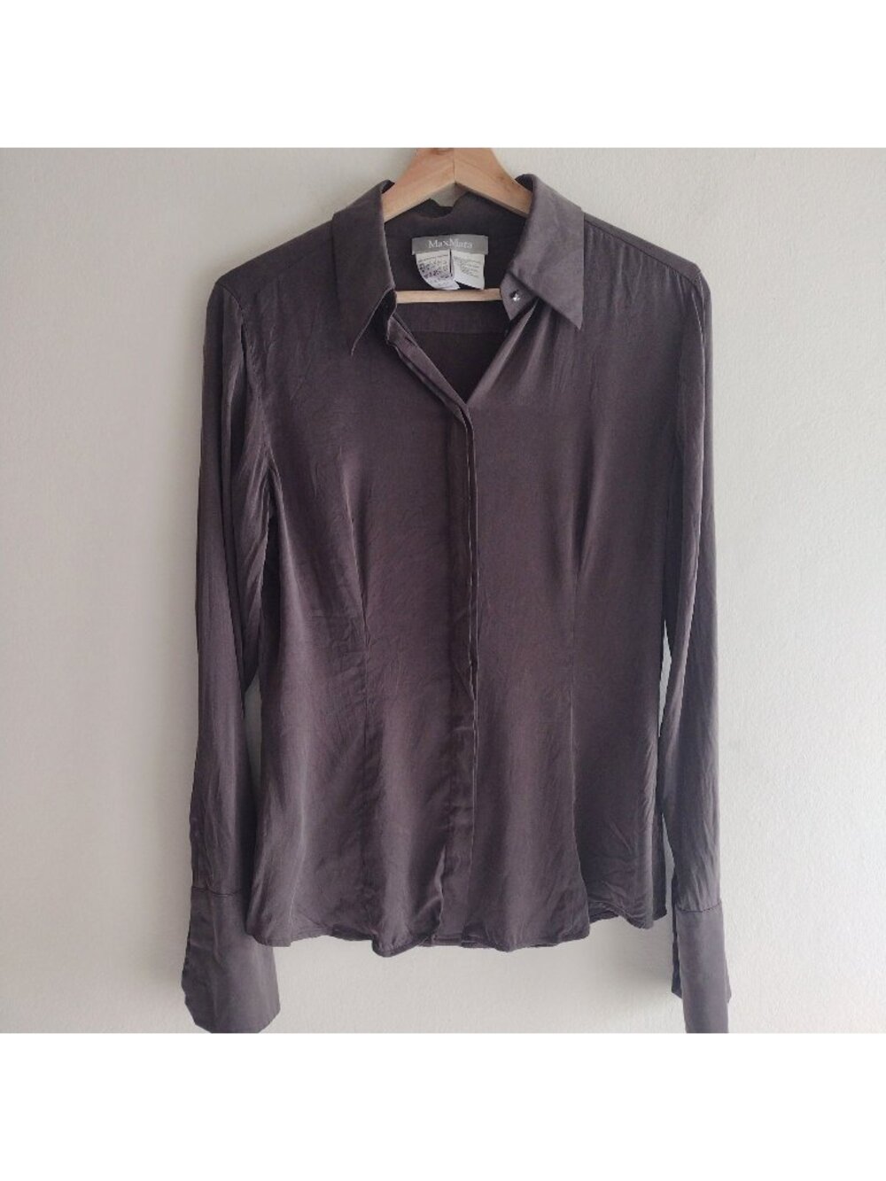 Max Mara Womens Taupe Silk Blouse 10 M Button Front Slim Fit Shirt